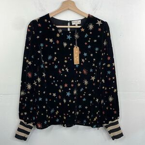 Nooki London Josie Printed Velvet Blouse Stars Print Long Sleeve pullover Large